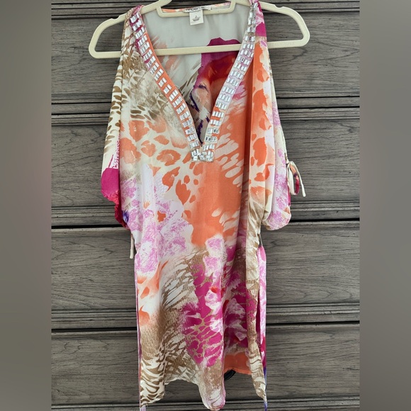 Arden B Silky Floral Embellished Mini Dress Cold Shoulder Tunic Small Pr… - Picture 7 of 13